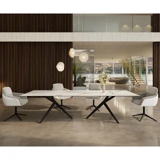 DELIFE Esstisch Edge 300x100 Keramik Calacatta Luxe Weiß-Gold-Grau Estelar rund Metall Schwarz - Weiß, Gold, Grau, Schwarz