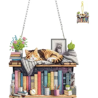 Jawecci Bücherregal Diamond Painting Anhänger mit Schlüsselanhänger, Katze Diamant Painting Fensterbilder Beidseitig für Erwachsene, Hängend Ornament Tür Fenster Wand Eingang