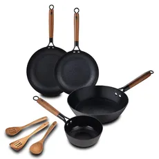 MasterPRO ODIN - Kochgeschirr-Set: 3 Utensilien - 28cm Bratpfanne - 24cm Wok - 24cm Bratpfanne - 16cm Stieltopf - Antihaft-Keramikbeschichtung - Griffe aus Akazienholz - für alle Herdarten geeignet