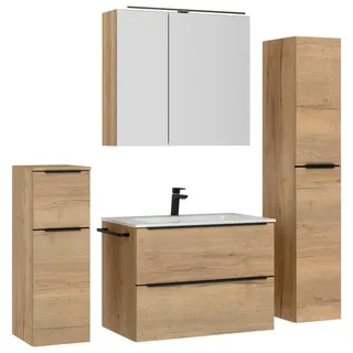 Nobilia Badezimmer , Schwarz, Eichefarben , Metall , 5-teilig , 5 Fächer , 3,2 Schubladen , G , 141 cm , Goldenes M, Made in Germany , Griffeauswahl, hängend, Zusatzausstattung erhältlich, Typenvielfalt , Badezimmer, Badmöbelsets & Badmöbelserien, Badmöbel-Sets