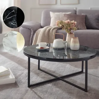 FineBuy Design Couchtisch Marmor Optik Wohnzimmertisch Ø 80 cm Tisch Rund Metall - Schwarz