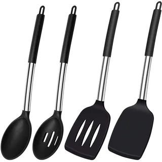 Thimmamma Silikon Pfannenwender Löffel, Hitzebeständig Spachtel Küche Geschlitzt Set für Kochen, BPA Frei Küchenhelfer Schwarz Küchenutensilien Spülmaschinengeeignet, 4 Stück, Silicone Spatula Spoons