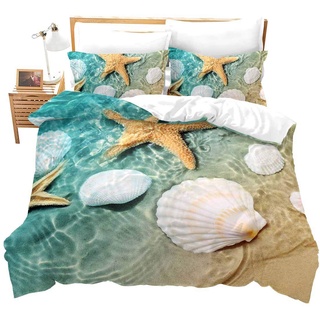 Loussiesd 3D Ozean Strand Thema Bettwäsche Set Seestern Schale Drucken Bettbezug Set Kinder Jungen Mädchen Microfaser Hawaii Betten Set 135x200 cm mit Reißverschluss und 1 Kissenbezug