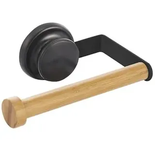 MSV Toilettenpapierhalter zur Wandmontage, Mega-Saugnapf, Bambus und schwarzer Stahl