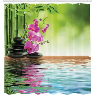 ABAKUHAUS Spa Duschvorhang, Orchidee Blume Stein Orientalisch Kultur Spiritualität Wellness Tropisch Holiday, Stoffliches Gewebe Badezimmerdekorationsset mit Haken, 175x240 cm, Farngrün Fuchsienfarben - Weiß