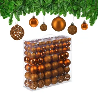 Relaxdays Weihnachtskugeln 150er Set, glitzernde, Matte & glänzende Baumkugeln, Kunststoff, ∅ 3, 4 & 6 cm, orange