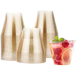 MATANA 60 Hartplastik Partybecher mit Goldglitter, Plastikbecher Gold (255ml / 8.6oz) - Mehrweg Kunststoffbecher, Cocktailgläser - Dessertbecher für Geburtstage, Hochzeiten & Partys