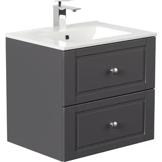 Badmöbel Waschtisch anthrazit Seidenglanz COLOMA-02 im Landhausstil inkl. Keramik Waschbecken, B/H/T: ca. 61,5/55,6/46,5 cm - Grau