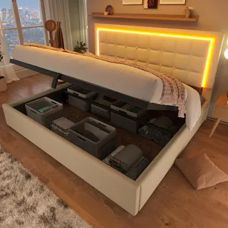 Flieks Polsterbett 180x200cm mit Lattenrost und Stauraum, Boxspringbett mit Led Bettgestell, Doppelbett Stauraumbett Funktionsbett Kunstleder, Weiß - Weiß