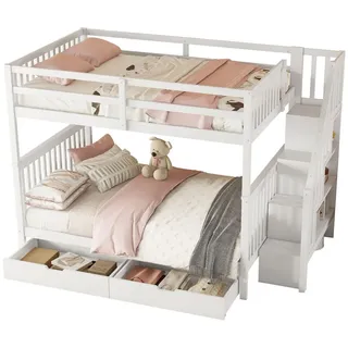 Flieks Etagenbett 140x200cm Weiß mit 2 Schubladen En747-1 Treppenregal , Holz , 140x200 cm , Babymöbel & Kindermöbel, Kinderzimmer & Jugendzimmer, Stockbetten