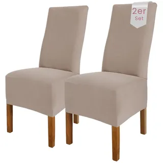 Scheffler Home Stuhlhussen Emma Taupe 2er Set aus Jersey Baumwolle – Elastische Stuhlbezüge für Hochlehner und Polsterstühle, waschbar und formstabil, Oeko-TEX Zertifiziert