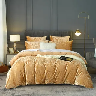 DXHOME Winter Bettwäsche 155x220cm Samt Gold Flauschige Plüsch Warme Fleece Deckenbezug Wendebettwäsche Doppelbett Bettbezug mit Reißverschluss und 2 Kissenbezüge 80 x 80cm