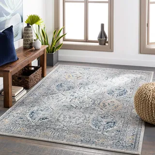 Livabliss Mayfair Vintage groß - Orientalischer Wohnzimmer 200x275 cm, Esszimmer, Schlafzimmer - Boho Kurzflor e für einfache Pflege - Grau und Blau