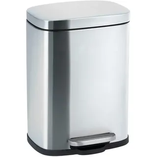 WENKO Kosmetikeimer Leno Easy Close, 5 Liter, puristischer Treteimer aus rostfreiem Edelstahl mit Deckel und Absenkautomatik sowie integriertem Beutelhalter, 21,5 x 19 x 29,5 cm, Silber matt