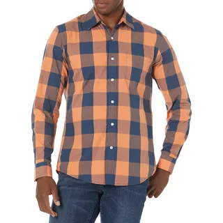 Amazon Essentials Herren Langärmeliges Business Hemd aus Popeline Schmale Passform, Blau Orange Büffel, XXL