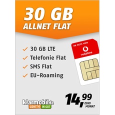 klarmobil Allnet Flat 30 GB – Handyvertrag 24 Monate im Vodafone Netz mit Internet Flat, Flat Telefonie und EU-Roaming – Aktivierungscode per E-Mail
