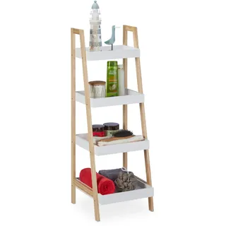 Relaxdays Badregal, 4 Fächer, Leiterregal für Badezimmer, MDF & Kiefernholz, offen, HBT: 98,5 x 34,5 x 36 cm, weiß/natur