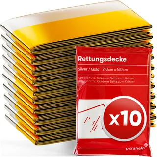 PURAHELP® Rettungsdecke Gold & Silber [10 STÜCK] - 210 x 160 cm - Notfalldecken für Erste Hilfe, Outdoor & Auto - Wetterfeste Überlebensdecken für Wandern, Camping & Notfälle - Kompakte Thermodecken