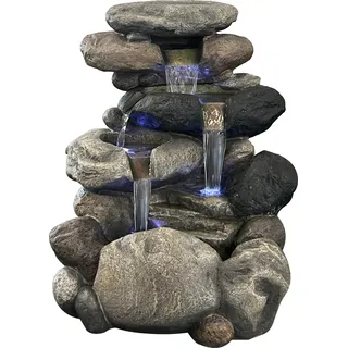Köhko Springbrunnen Kieselstein Gartenbrunnen in Naturstein-Optik mit 4X LED Beleuchtung