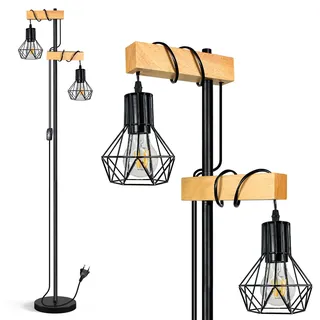 HiBay Stehlampe LED 2 Flammig E27 Stehleuchte Holz Vintage Rustikale Leselampe Stehlampe Schwarz Metall mit Kabelschalter für Wohnzimmer, Schlafzimmer, Büro