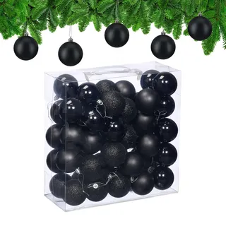 Relaxdays Weihnachtskugeln im 50er Set, Kunststoff, D: 6 cm, runde Weihnachtsbaumdeko, Baumschmuck bruchsicher, schwarz
