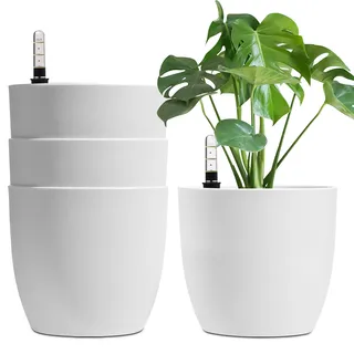 T4U 22cm Selbstwässernder Blumentopf mit Wasseranzeiger Weiß 4er-Set, Selbstbewässerung Wasserspeicher Pflanzgefäß Übertopf für Innen- und Außenbereich