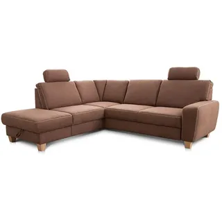 Cavadore Ecksofa Wisconsin mit Vorziehsitz / Eckcouch mit Federkern / Inkl. 2 Kopfstützen + Bettkasten / Landhausstil / Holzfüße in Buche / Mikrofaser / Größe: 248 x 88 x 218 cm (BxHxT) / Farbe: Braun