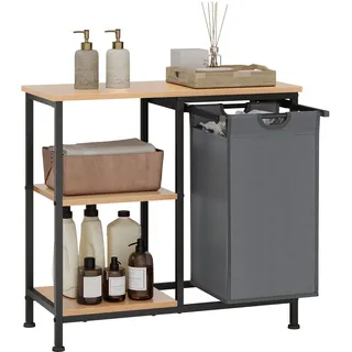 EUGAD Badregal mit Wäschekorb, Wäschesammler mit 4 Ablagen, 31 L Wäschesack ausziehbar abnehmbar, Standregal offen, für Badezimmer Waschküche, 70x65x30 cm, Schwarz helle Eiche