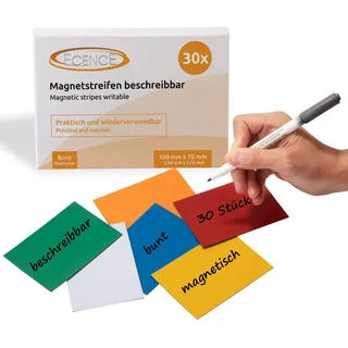 ECENCE Magnetstreifen beschreibbar 30 Stück - 100mmx70mm - abwischbare Magnetschilder - Magnet-Etiketten zuschneidbar für Whiteboards, Kühlschränke, Magnettafeln - bunt