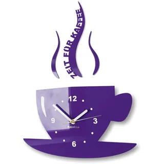 FLEXISTYLE Tasse Zeit für Kaffee Moderne Küche Wanduhr, 3D römisch, wanduhr deko (Violett (blaubeere)), 32 x 19 cm