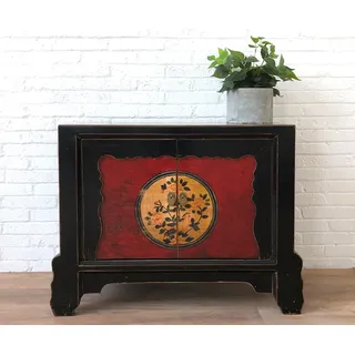 OPIUM OUTLET Chinesische Kommode Sideboard Schrank Möbel asiatisch orientalisch fernöstlich Kästchen Schränkchen Vintage Landhaus Shabby Holz rot-schwarz - Rot, Schwarz