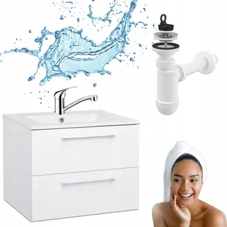 Stamar | Badmöbel mit Waschbecken, Wandhängend, 50 cm Glanz, Drehbarer Chromarmatur, Halbsiphon - Weiß