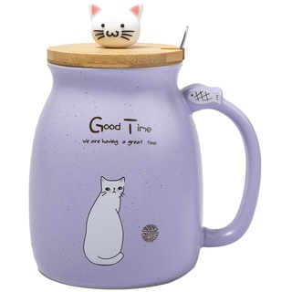 lachineuse - Tasse Kawaii 450 ml – große Tasse Katze mit Deckel & Löffel – Teetasse, Tee & Kaffee – Original japanische Tasse – Geschenkidee Japan Asien – Kitty Mignon – Farbe Lila Violett