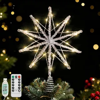 Lewondr Christbaumspitze 20 LED, 10-Punkt-Stern Baumspitze Weihnachtsbaumspitze mit Glitzernden Epoxy, USB Weihnachten Baumspitze, Stern Baumkrone für Weihnachtsbaum Dekoration, Silber