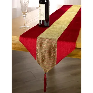 Emma Barclay ECLAT Tischläufer mit glitzernden Quasten, 33 x 183 cm, Rot und goldfarben
