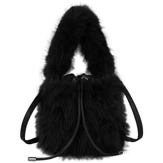 MEGAUK Damen Herbst Winter Beuteltasche Bucket Bag Kunstpelz Handtasche Flauschig Umhängetasche Plüsch Schultertasche mit Kordelzug für Mädchen (Schwarz)