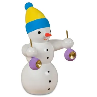 Holzfigur Schneemann mit gelber Mütze und lila Weihnachtskugeln Höhe 6,5cm NEU
