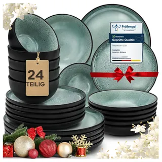 Twinzee Steingut Geschirrset 24-teilig für 6 Personen - Schüssel- und Teller Set - Tafelservice Mikrowellengeeignet aus Steinzeug - Riviera Kollektion