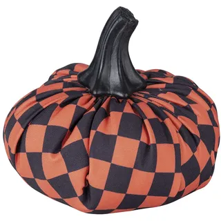 Villa d’Este Home Tivoli Dekorativer Kürbis aus Stoff, kariert, Stiel, Ø 16 x Höhe 15 cm, Schwarz + Orange, M