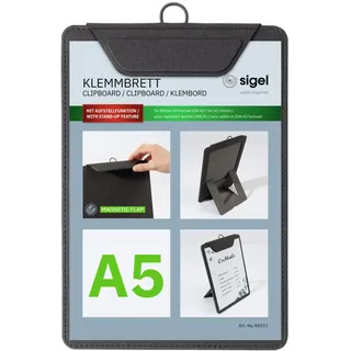 Sigel KB111 Klemmbrett A5, anthrazit, mit Aufstellfunktion, stabiles, stylisches Clipboard mit edler Leinenstruktur, strapazierfähig und leicht abwischbar, für Speisekarten