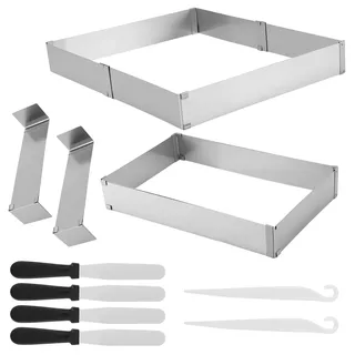 SINJEUN 2 Stück Backrahmen Verstellbar 5cm Hoch, 27,5 x 18,5 bis 52,5 x 34 cm Edelstahl Tortenring Rechteckig mit Z-Trennwand und Teigschaber, Verstellbare Backrahmen für Backen,Schichttorten