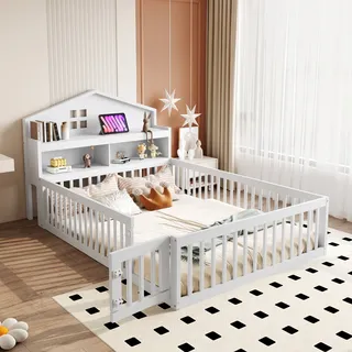 MODFU Kinderbett140 x 200cm Bodenbett,Hausleiste, mit Einlegeböden und Stauraum, mit Schutzgitter und Tür, mit Bilderleiste, mit Lattenrost,ohne Matratze,Weiß - Weiß