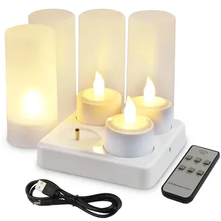 EuroFone wiederaufladbare LED Kerzen Flackern Teelicht Kerze Flammenlos mit Ladestation Halter 4 Stück (Warm white with remote)