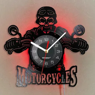 Viiluuxr LED Leuchtend Vinyl Schallplatten Uhr Batteriebetrieben 30cm Led-Streifen Schädel Motorrad Halloween-Totenkopfgesicht Deko Geschenke für Rennen Fans Nachtlicht Leuchtendes Ambiente Wanduhr.