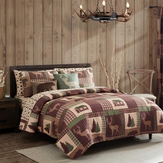 Quilt 2 oder 3-teiliges Set Rustikal Kabine Lodge Deer und Bär Überwurf Tagesdecke, Polyester-Mischgewebe, Green, Brown, Tan, Twin