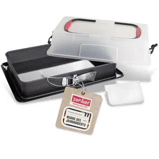Zenker Rechteck-Springform mit Haube DELUXE, Kuchentransportbox mit Emaille-Boden, Backblech mit Deckel (Farbe: Schwarz/Transparent/Rot), Menge: 1 Stück