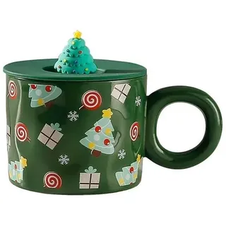 YDoLimmer Keramik Weihnachtstasse Weihnachtsbecher Kaffeetasse mit Deckel für Heiß- & Kaltgetränke Kaffeebecher Porzellanbecher 420ML Teetasse Milchbecher Neujahrsgeschenk (B)