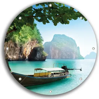 Wallario rundes Outdoor-Poster für Garten oder Balkon, Motiv Fischerboot in Thailand blaues Meer und Steinfelsen, 30 cm Durchmesser - Schwarz