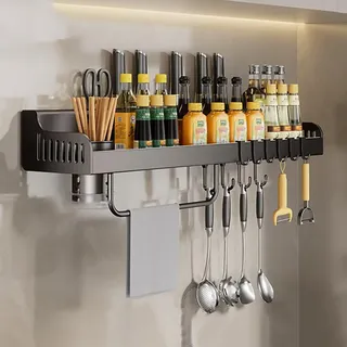 Hovoto Gewürzregal Wand, Gewürzregal Hängend ohne Bohren, Küchenregal Organizer für Gewürze, Küchenregal Wand mit Messerschlitz, 6 Haken, Becher, Messerhalter, grey, 40cm