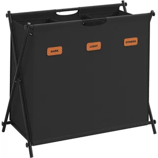 SONGMICS Wäschekorb, Wäschesammler 135 Liter, Wäschebox, 3 Fächer, klappbares X-Gestell, individuelle Etiketten, für Waschküche, Schlafzimmer, Badezimmer, tintenschwarz LCB130B01